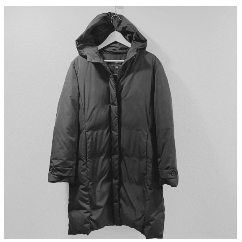 COLE HAAN Hooded Midi Trench Puffer Coat Button Front Black Women Size L
